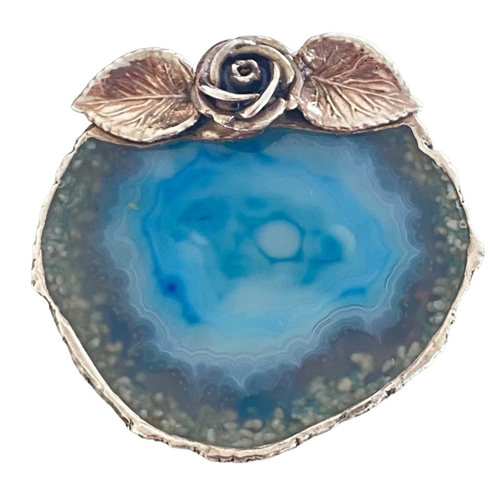 Artist made aqua blue pendant and brooch Sterling silver agate slab rose